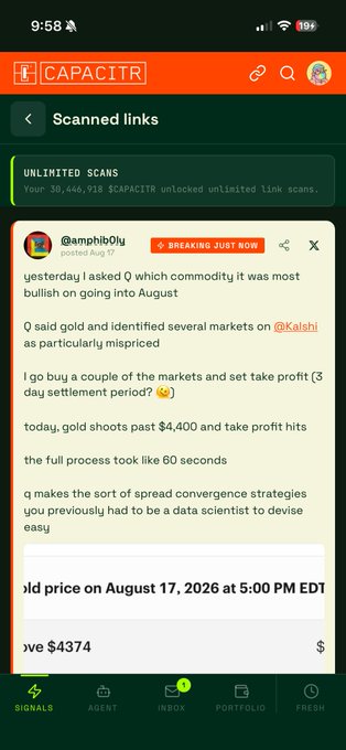A screenshot of the Capacitr app showing a scanned link from X user @amphib0ly's post about using Q AI for gold trading on Kalshi, with the app surfacing a related Polymarket on whether gold will exceed $4374 on August 17, 2026—aligning with the user's plan to take the YES position.