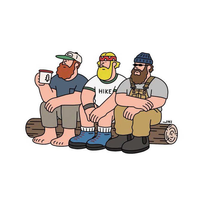 A cartoon illustration of three bearded men sitting on a log, one wearing a shirt that says 'HIKE' and another holding a coffee cup with a tree logo.