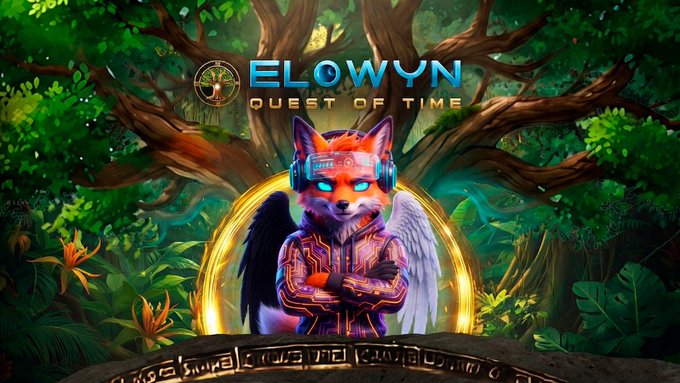 Video game cover art for 'ELOWYN: QUEST OF TIME' depicting an anthropomorphic fox character wearing glowing blue headphones and a futuristic jacket, standing within a glowing golden portal surrounded by jungle foliage.