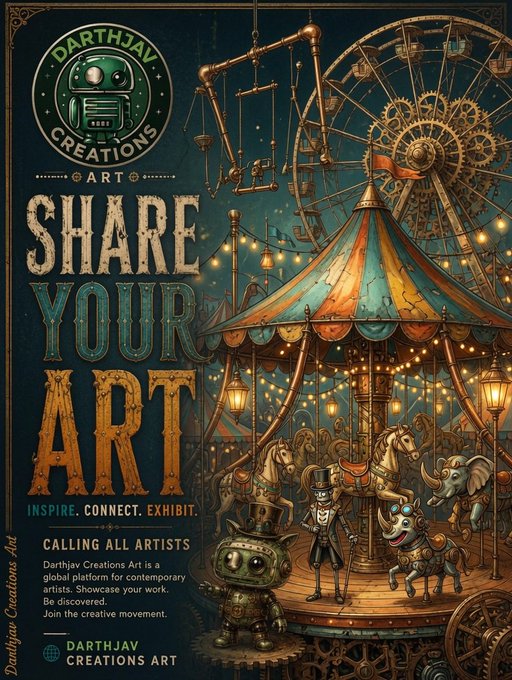 A vintage-style poster for 'DARTHJAV CREATIONS ART' with the headline 'SHARE YOUR ART' and taglines 'INSPIRE. CONNECT. EXHIBIT.', featuring a Ferris wheel and carousel robots.
