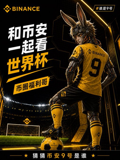The image features a man dressed as a robot, standing next to a soccer ball with his arms crossed over his chest. The background of the image shows a stadium filled with people watching a game. The post includes text written in Chinese that translates to "Binance is like a rabbit". This suggests that the image might be promoting Bitcoin or cryptocurrency, and the man dressed as a robot could represent a character from a video game or movie related to Bitcoin or cryptocurrency.