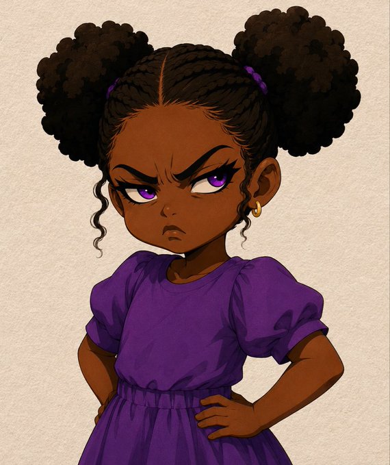 An illustration of a young Black girl with braided hair in two large puffs, wearing a purple dress and gold hoop earrings, standing with her hands on her hips and a stern expression.