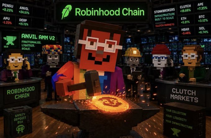 A Minecraft-style digital illustration depicting a stock exchange called 'Robinhood Chain', with voxel characters and various ticker symbols like PENGU, ANVIL, and CLUTCH displayed on screens.