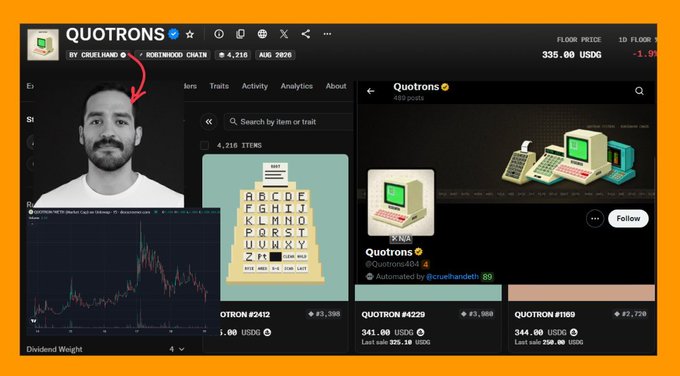 A screenshot of the Quotrons NFT collection on OpenSea by Cruel Hand, showing items #229 (341 USDG) and #169 (344 USDG), alongside a profile photo and the creator @cruelhandeth, illustrating the user's complaint about losing money after purchasing V1 NFTs that were not honored with V2 NFTs.