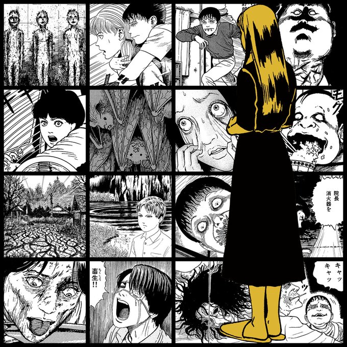 Collage-style black and white manga panels from Junji Ito's works depicting various horror scenes, overlaid with an illustrated figure of a girl in a black dress with yellow hair standing in the foreground.