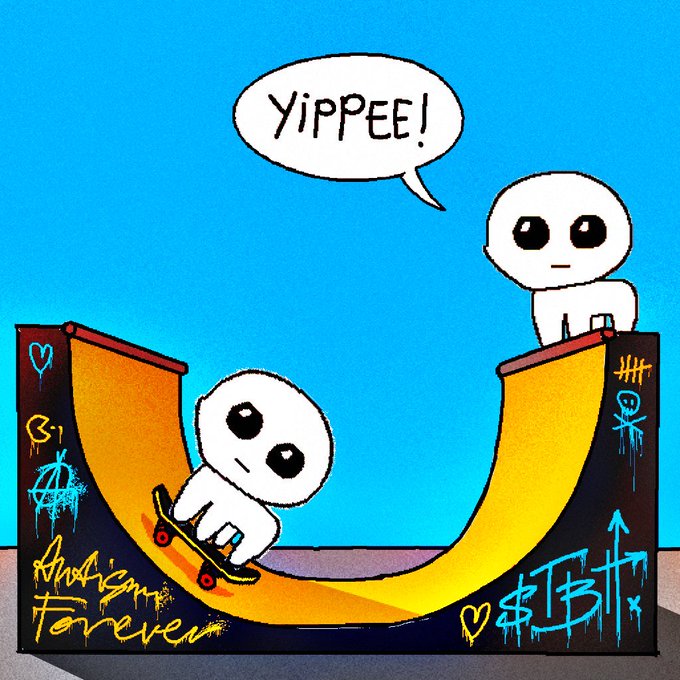 A cartoon illustration of two simple white characters at a skate ramp; one is skateboarding down while saying 'YiPPee!' in a speech bubble, and the other watches from the top.
