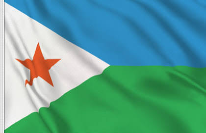 The national flag of Djibouti, featuring light blue and green horizontal bands with a white triangle containing a red star on the hoist side.