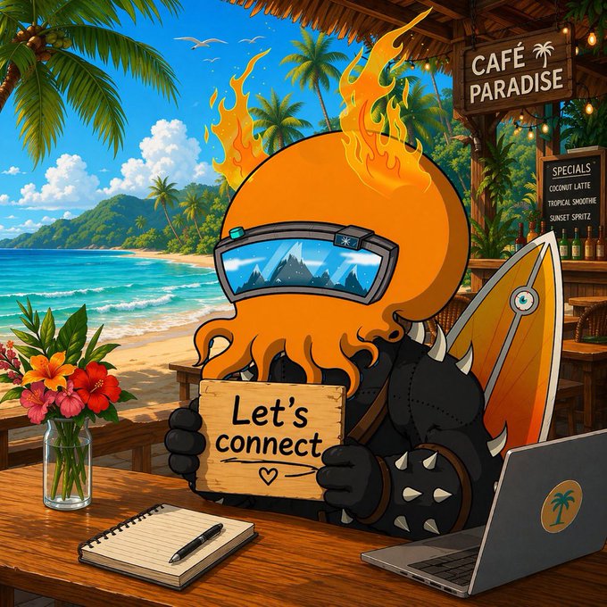 A cartoon octopus character with flaming tentacles wearing ski goggles sits at a beachside café ('Café Paradise') holding a 'Let's connect' sign, with a laptop and notebook on the wooden table.