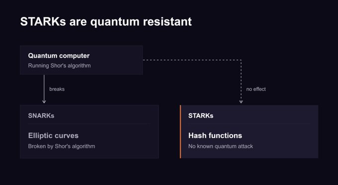 An infographic titled 'STARKs are quantum resistant' illustrating that a quantum computer running Shor's algorithm breaks SNARKs and elliptic curves, but has no effect on STARKs and hash functions.