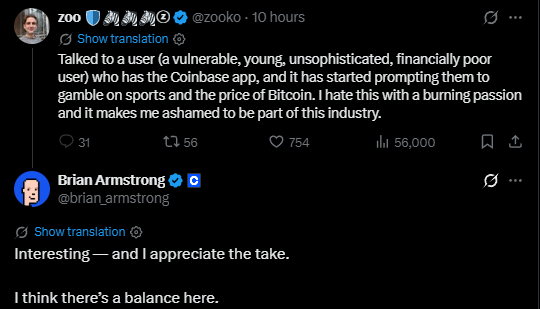 A screenshot of a Twitter exchange between Zcash founder @zooko and Coinbase CEO @brian_armstrong, where zooko criticizes Coinbase for prompting a young, financially vulnerable user to gamble on sports and Bitcoin, garnering 56,000 views and 754 likes, and Armstrong responds "Interesting — and I appreciate the take. I think there's a balance here."