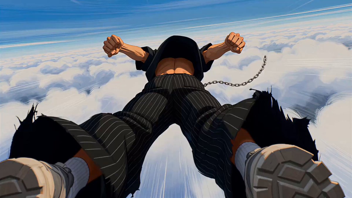The image shows a person wearing black and white striped pants, with their feet hanging off the edge of a cliff or high place. They are holding onto a chain that appears to be connected to something above them. The caption reads "INK fly test". This suggests that the person is participating in an experiment where they must fly without any support while being attached to a chain.