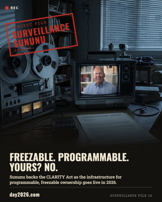 A vintage surveillance-themed poster showing a reel-to-reel tape recorder and old TV in a dark room, with a red stamp reading 'SURVEILLANCE SUNUNU' and text promoting the CLARITY Act and 'day2026.com'.