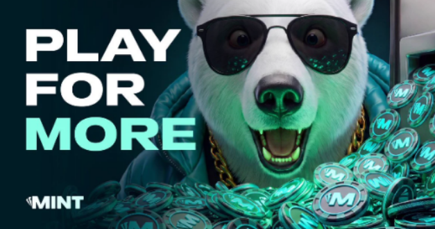 An advertisement featuring a white dog wearing sunglasses with a pile of coins marked 'M', accompanied by the text 'PLAY FOR MORE' and the 'MINT' logo.