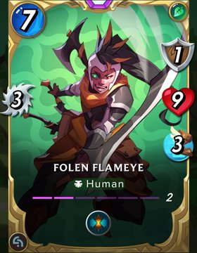 The image features a character named Folen Flameeye from the video game @splinterlands. The character has a sword in one hand and a shield in the other, ready for battle. The character's name is displayed below them, along with their level of experience. The character is described as a human, which suggests that they have some sort of physical presence on the screen.