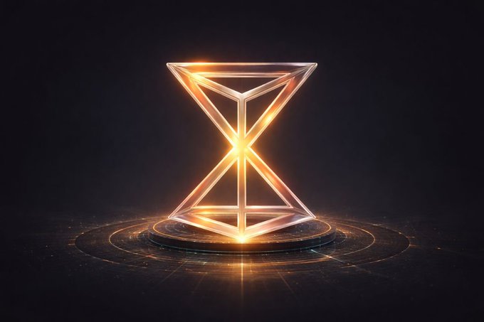A glowing, golden hourglass-like geometric structure with an 'X' frame, illuminated from within and resting on a circular platform against a dark background.