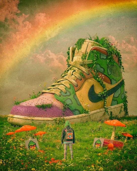 A digital artwork features a massive, overgrown Nike sneaker in a grassy field, with a small figure wearing a backpack standing in front of it, surrounded by large red mushrooms under a rainbow sky.
