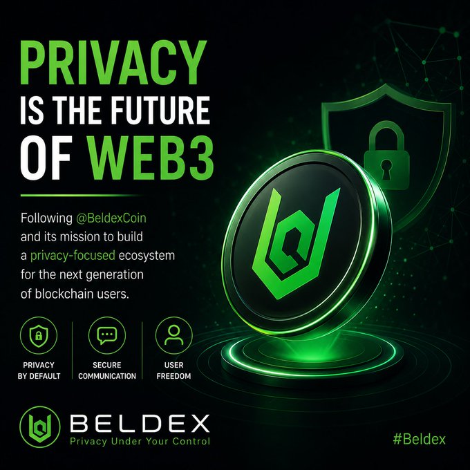 A promotional graphic for Beldex cryptocurrency with the headline 'Privacy is the Future of Web3,' featuring a glowing green Beldex coin and shield logo, highlighting features like Privacy by Default, Secure Communication, and User Freedom under the tagline 'Privacy Under Your Control.'