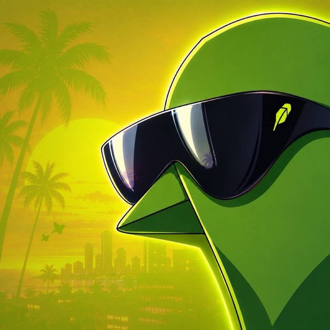 A digital illustration of a green bird-like character wearing large black sunglasses, set against a yellow sunset background with palm trees and a city skyline silhouette.