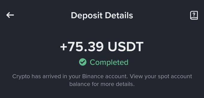 A Binance app screenshot showing a completed deposit of +75.39 USDT, with text confirming 'Crypto has arrived in your Binance account.'