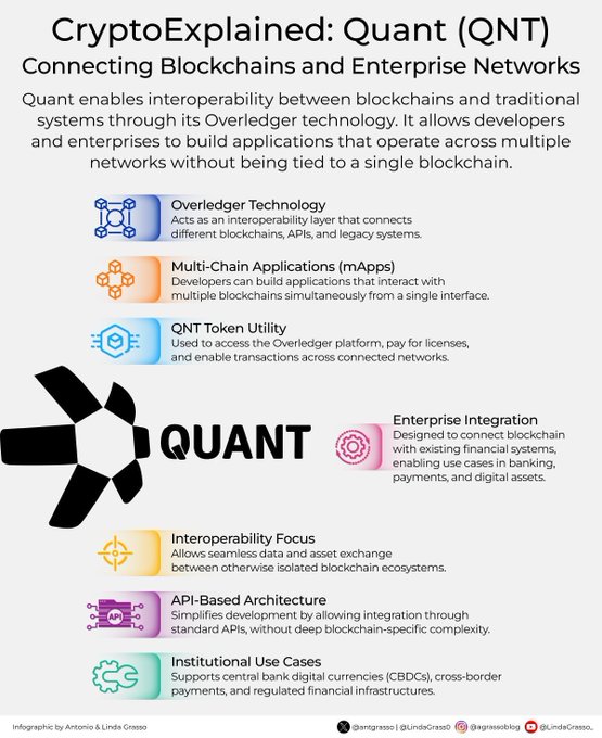 An infographic titled 'CryptoExplained: Quant (QNT) Connecting Blockchains and Enterprise Networks,' detailing features like Overledger Technology, Multi-Chain Applications, QNT Token Utility, and Enterprise Integration.