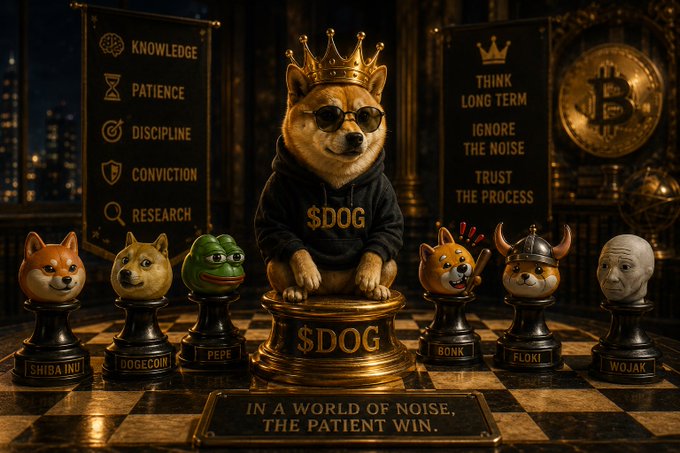 The image depicts a regal Shiba Inu wearing sunglasses and a crown, wearing a black "$DOG" hoodie, sitting on a golden pedestal labeled "$DOG" atop a chessboard, flanked by smaller figurines of other memecoins including SHIBA INU, DOGECOIN, PEPE, BONK, FLOKI, and WOJAK, with banners reading "KNOWLEDGE, PATIENCE, DISCIPLINE, CONVICTION, RESEARCH" and "THINK LONG TERM, IGNORE THE NOISE, TRUST THE PROCESS," and a plaque stating "IN A WORLD OF NOISE, THE PATIENT WIN."

This aligns with the post by positioning $DOG as the strategic "king" among memecoins, emphasizing that lasting success comes from patience and long-term vision rather than hype—mirroring the chess imagery where $DOG is "thinking ten moves ahead" while louder rivals focus on short-term moves.