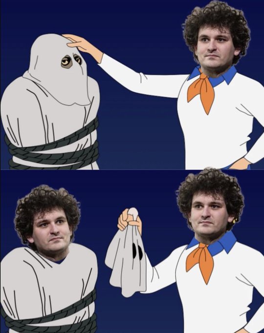 A two-panel meme featuring a cartoon ghost character whose face has been replaced with that of Sam Bankman-Fried, being unmasked to reveal a blank sheet.