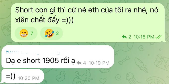 The image shows a Telegram conversation about shorting ETH, with one user stating they are shorting at 1905 and the other warning that "it's deadly." This relates to the post asking if #ETH has stopped being bad, implying speculation about ETH's price movements.