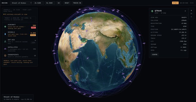 A flight tracking interface showing a globe centered on Asia with multiple aircraft routes, displaying a Qatar Airways QRQ845 flight with registration A7-BSQ flying at 37000 feet at 279.69 kts over Mumbai.