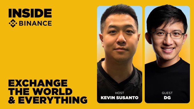 The promotional image for "Inside Binance" features host Kevin Susanto and guest DG against a yellow background, with the tagline "EXCHANGE THE WORLD & EVERYTHING," introducing the first episode of the new series where the host will sit down with DG to discuss Binance-related topics.