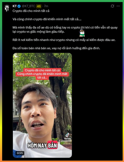 A social media post by @KT_BTC featuring Vietnamese text about crypto giving and taking everything, accompanied by a TikTok video thumbnail of a young man with the caption 'HÔM NAY BÁN'.