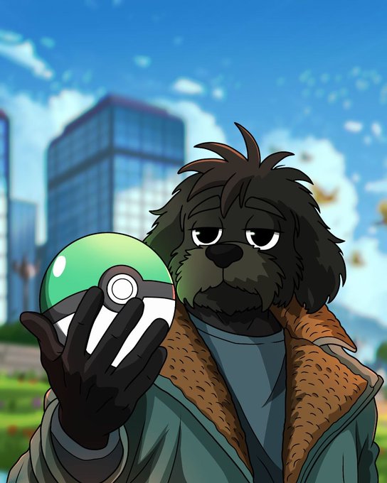 An anthropomorphic dog character with a tired, unimpressed expression holds up a Pokéball against a backdrop of city skyscrapers, matching the post's playful invitation to catch Pokémon with a deadpan reaction.