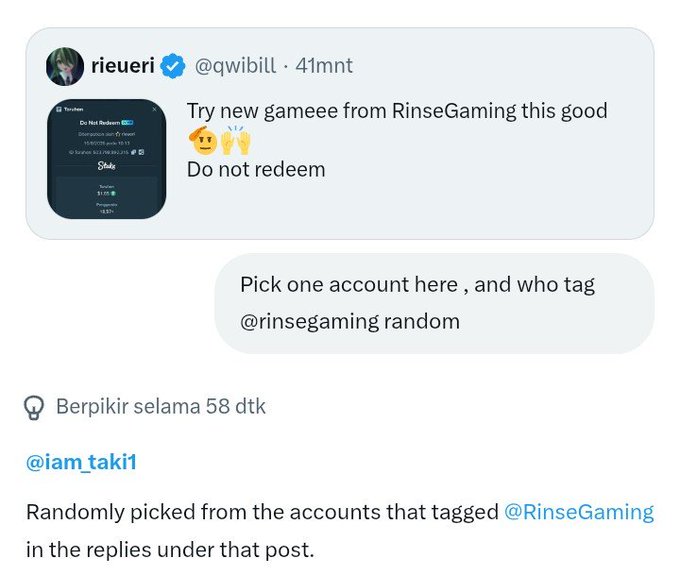The image features a tweet from the user Rieueri, who suggests trying a new game from RinseGaming while also advising against redeeming something. Another tweet in the image announces a random account selection by RinseGaming, indicating a giveaway or interactive event involving users who tagged them. The accompanying post references "Drop ur bip200 sis @.iam_taki1," suggesting a playful or competitive interaction among the users mentioned.
