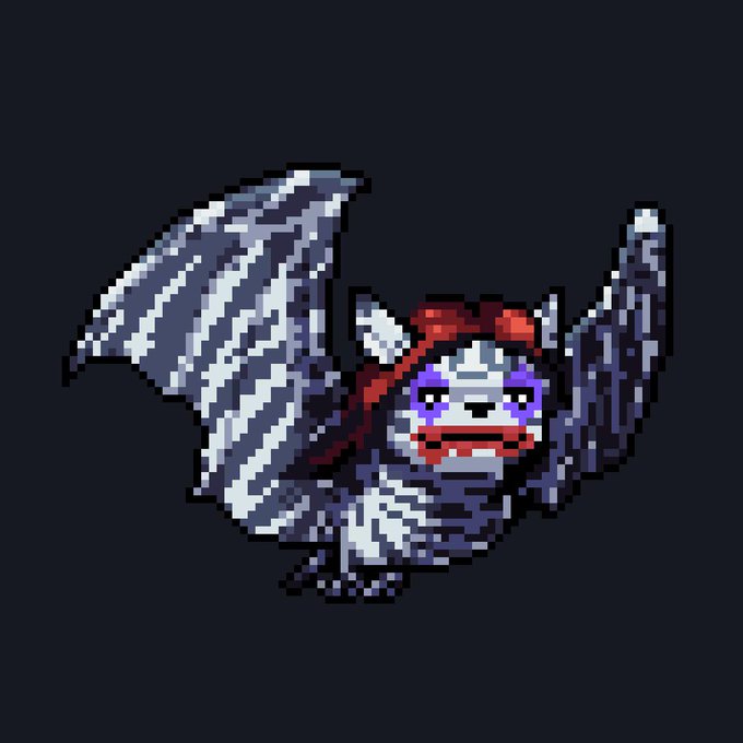 Pixel art of a bat-like creature with dark wings, purple eyes, and a red hooded scarf.
