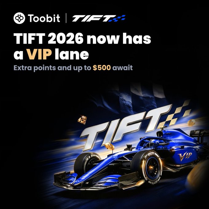 Promotional banner for TIFT 2026 featuring a blue Formula 1-style race car with "VIP" displayed on its side, alongside Toobit and TIFT logos, advertising the headline "TIFT 2026 now has a VIP lane" with "Extra points and up to $500 await." The racing theme and VIP branding reinforce the post's message about a fast-track VIP competition offering up to 500 USDT in additional rewards.