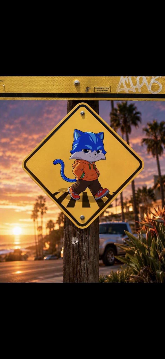 A yellow pedestrian crossing sign features a cartoon blue cat character with a mischievous grin, wearing an orange hoodie and red sneakers, walking across a crosswalk marking, set against a vibrant sunset beach backdrop with palm trees and a parked SUV. The sign itself has graffiti tags and a "Property State of California" sticker, while the post caption "Toshi crossing" plays on the street sign's design to celebrate the blue cat character.