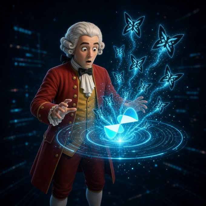 A 3D-rendered illustration depicts a surprised-looking man in 18th-century attire with a white powdered wig and red coat, casting a glowing blue holographic magic circle that releases the Solana (SOL) cryptocurrency logo and glowing butterflies.