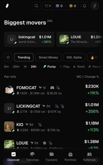 The image shows a cryptocurrency tracking terminal interface displaying "Biggest movers" over 24 hours, featuring trending memecoins like LICKINGCAT (+381%), LOUIE (+58%), FOMOCAT (+11K%), and KIO (+113%) along with their market caps and liquidity metrics. The interface demonstrates the app's "Trending," "Smart Money," and "KOL Alpha" filters, which aligns with the post announcing the new @tradyxyz terminal's public launch featuring custom radars and unified balance tracking.