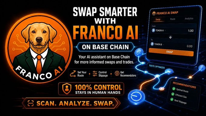 A promotional graphic for 'FRANCO AI' featuring a dog in a suit, advertising 'SWAP SMARTER WITH FRANCO AI ON BASE CHAIN' as an AI assistant for token swaps.