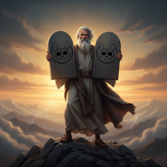 A digital illustration of a white-bearded man in flowing robes standing on a mountain peak at sunset, holding two stone tablets inscribed with skull symbols resembling a hybrid of Moses and an anime bunny motif.
