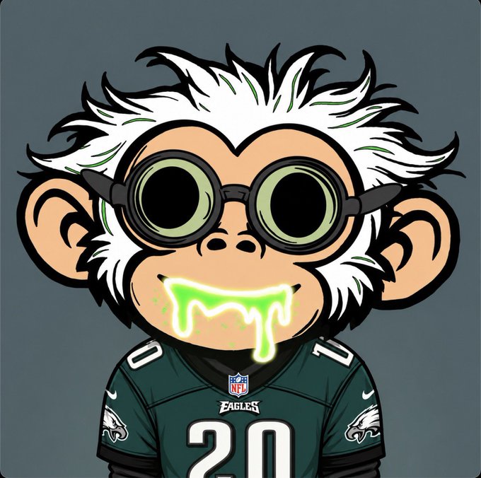 A cartoon monkey wearing an Eagles #20 NFL jersey with round goggles and green drool/slime dripping from its mouth against a gray background.