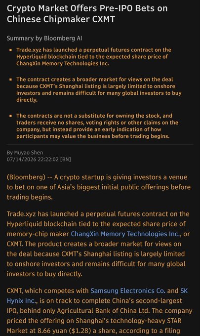 A Bloomberg article screenshot reports that Trade.xyz launched a perpetual futures contract on Hyperliquid tied to the expected share price of Chinese chipmaker ChangXin Memory Technologies (CXMT), which is set to complete China's second-largest IPO on Shanghai's STAR Market at 8.66 yuan ($1.28) per share—directly tying into the post's excitement about CXMT driving new exposure to Hyperliquid and Trade.xyz's record $5.3B daily volume.
