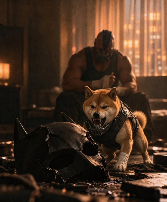 A muscular masked figure (resembling Bane) sits in a dimly lit room behind a fierce-looking Shiba Inu dog wearing a tactical harness, with a broken Batman cowl lying on the floor nearby.