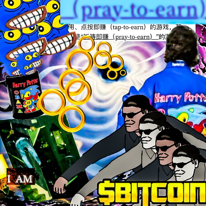 A chaotic meme collage featuring Sonic characters, golden rings, a 'Harry Potter' Sonic mug, agents in sunglasses, and bold text reading 'pray-to-earn' and '$BITCOIN'.