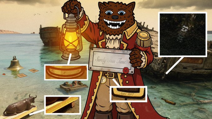 An illustrated werewolf pirate in a red coat holds a lantern and a scroll reading "Surely Ius Iimo?" at a coastal shipwreck scene. The image, posted "to get things started," appears to introduce a wolf-themed treasure hunt, with inset close-ups highlighting clues: a bell, coins, a golden bar, and a lock labeled "June 1977."