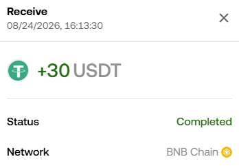 Cryptocurrency transaction confirmation screenshot showing a successful receipt of +30 USDT on BNB Chain network, completed on 08/24/2026 at 16:13:30.