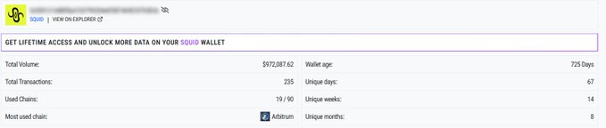 The image shows a Squid wallet explorer page with a prompt to "GET LIFETIME ACCESS AND UNLOCK MORE DATA ON YOUR $SQUID WALLET," displaying stats including a total volume of $972,087.62, 235 total transactions, 19/90 used chains, Arbitrum as the most used chain, 725 days wallet age, 67 unique days, 14 unique weeks, and 8 unique months.

The image supports the post's joke about Squid's airdrop generosity by showing that despite nearly $1M in volume, 200+ transactions, and consistent activity since 2024, the user's reward was minimal compared to Wormhole's $2K airdrop for just $1K bridged.