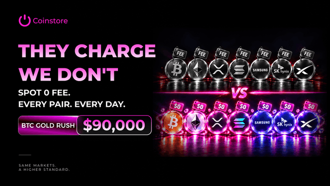 A Coinstore promotional banner reading 'THEY CHARGE WE DON'T' with 'SPOT 0 FEE. EVERY PAIR. EVERY DAY.' and 'BTC GOLD RUSH $90,000', showing cryptocurrency coin logos with 'FEE' tags versus '$0' tags.