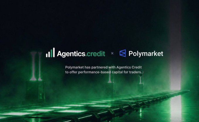 A dark promotional banner announcing a partnership between 'Agentics.credit' and 'Polymarket' to offer performance-based capital for traders.