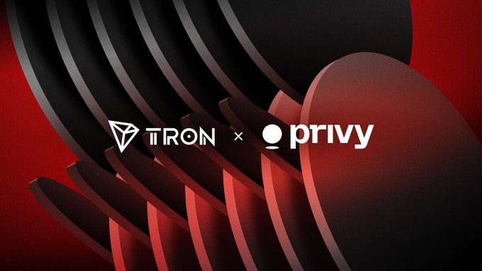 A promotional graphic displays the TRON and Privy logos on a dark red and black 3D background, indicating a partnership between the two brands.