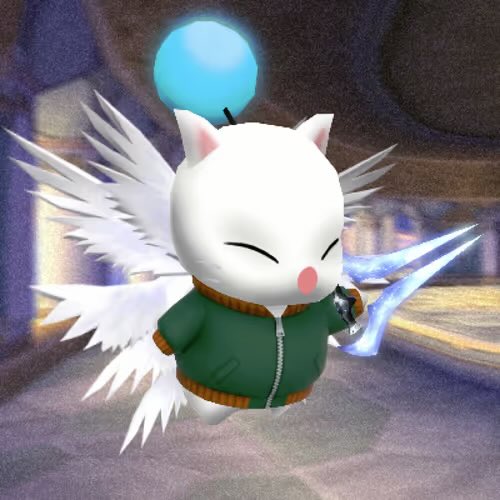 A 3D rendering of a cute, white cat-like creature wearing a green jacket, sporting large white wings and holding a glowing blue sword.